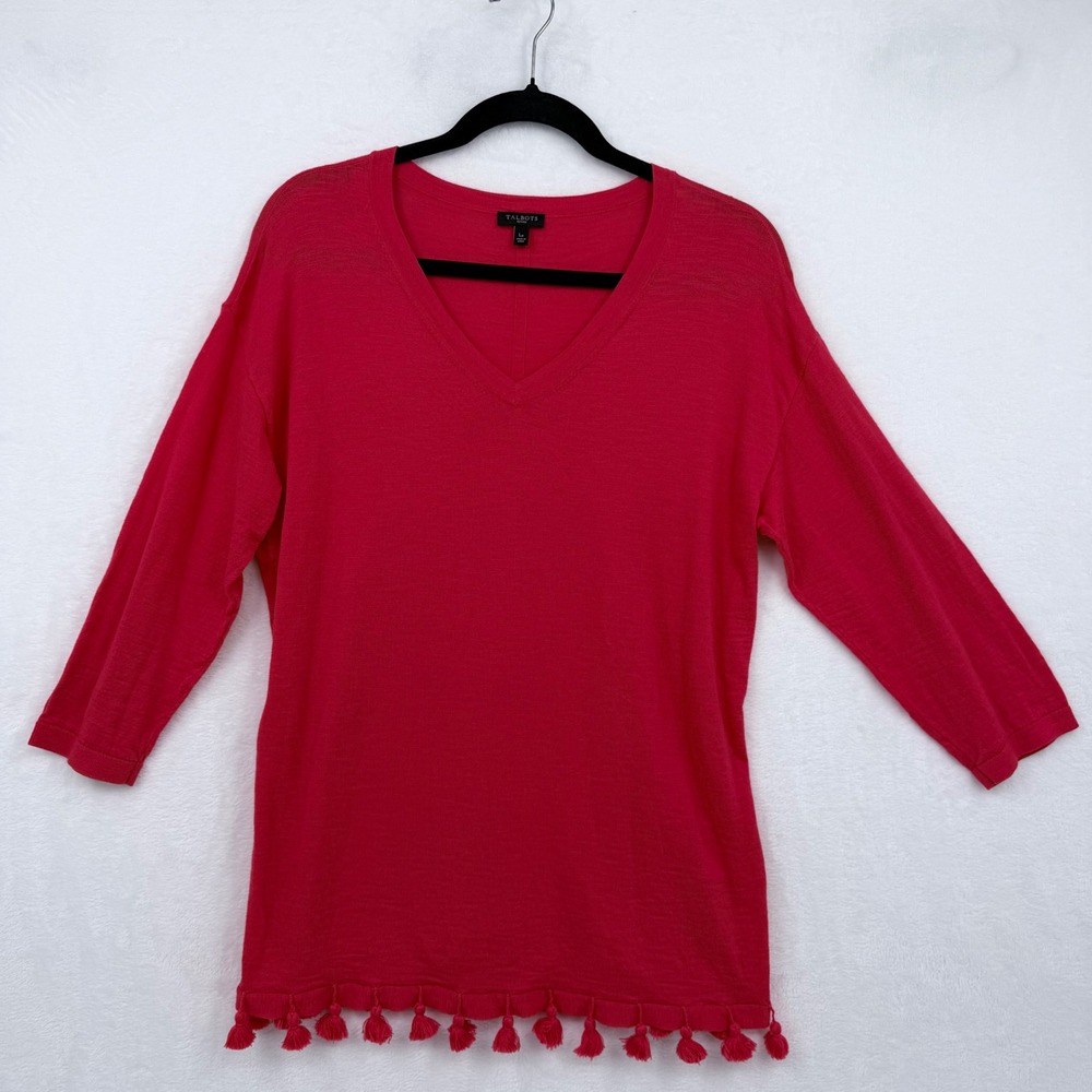 Talbots Red V-Neck Slub Cotton Tassel Hem Tunic Sweater Womens LP Boho Coastal